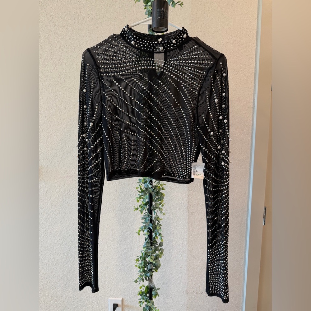 Pearl Black Mesh Top with Stone Detailing